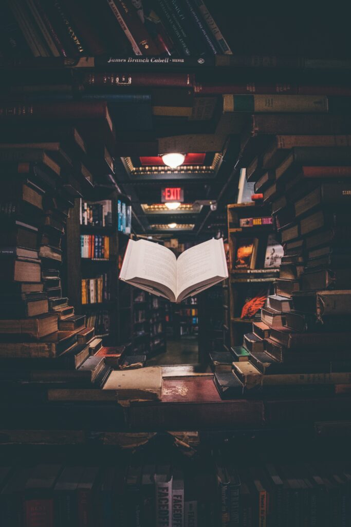 Bibliothèque ou librairie, piles de livres dans la pénombre, livre ouvert